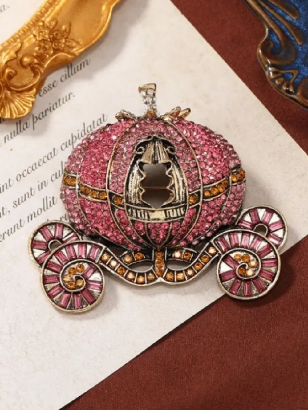 Pink and Gold Carriage Cinderella Whimsical Rhinestone Brooch